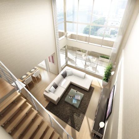 Interior.  [MAISONETTE PLAN] Open glass windows and atrium, Spacious living ・ Dining, etc., Maisonette plan to taste luxury, such as those living in single-family. On the balcony with depth, Can be placed a cafe table (R type room Rendering ・ Maisonette plan)