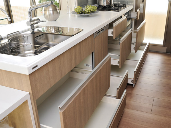 Kitchen.  [Floor stocker (with soft damper function)] Slowly close the drawer with a soft damper function, Also installed in Habaki part. By the effective use of space, Amount of storage was also significantly up. (Same specifications)