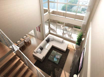 Room and equipment. Open glass windows and atrium, Spacious living ・ Dining, etc., Maisonette plan to taste luxury, such as those living in single-family. On the balcony with depth, Can be placed a cafe table (R type room Rendering ・ Maisonette plan)