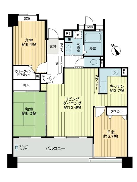 Floor plan. 3LDK, Price 19,800,000 yen, Occupied area 76.62 sq m , Balcony area 12.8 sq m