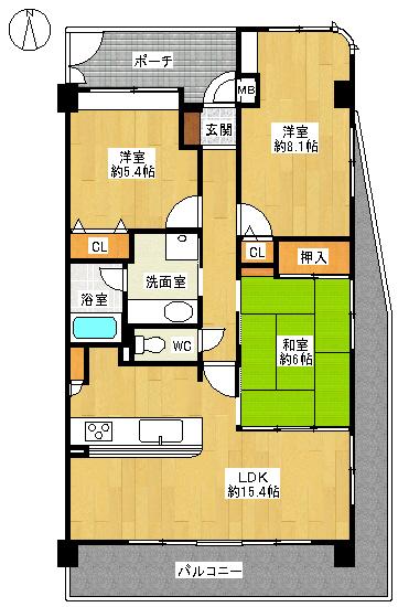 Floor plan. 3LDK, Price 17.5 million yen, Occupied area 74.08 sq m , Balcony area 17.44 sq m 3LDK Corner room