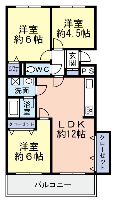 Floor plan. 3LDK, Price 8.35 million yen, Occupied area 58.86 sq m , Balcony area 7.68 sq m floor plan