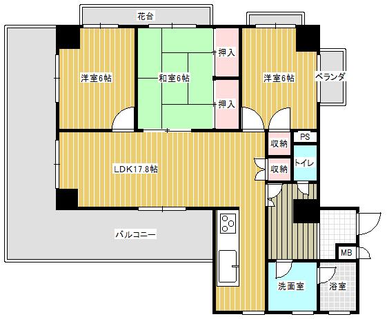 Floor plan. 3LDK, Price 12.9 million yen, Footprint 80 sq m , Balcony area 19.58 sq m