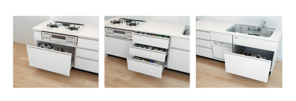 Kitchen.  [Soft-close function with] The cabinet adopted a rail that can be opened and closed smoothly even put such heavy pot. Also prevents "bang" unpleasant sound, such as "slam" is coming out, Opening and closing is quiet. (Same specifications)