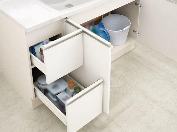 Bathing-wash room.  [Cabinet storage] A combination of the door and the two-stage small drawer open, Detergent of stock, To accessories such as towels to ensure the storage space of large capacity. (Same specifications)