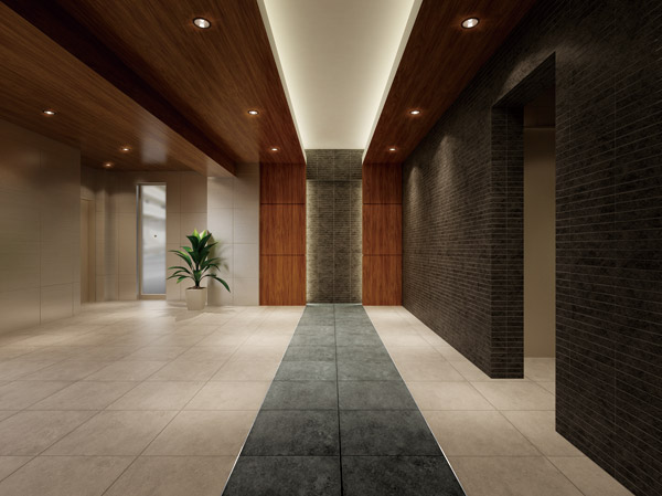 Buildings and facilities. Entrance Hall was taking advantage of the natural texture such as stone and wood are, Two-tone tiles and magnificent folding on the ceiling give a sharp impression. (Rendering)