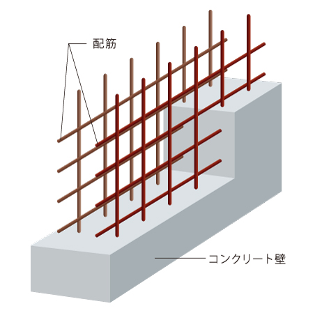 Building structure.  [Double reinforcement to increase the strength of the wall] Rebar wall adopts double reinforcement. By arranging the reinforcing steel to double in the concrete, It ensures the strength. (Except for the part) (conceptual diagram)