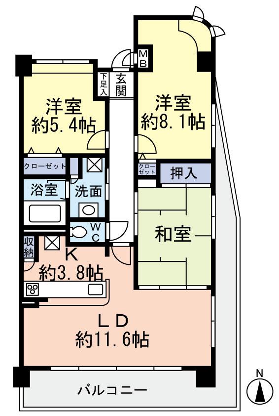Floor plan. 3LDK, Price 17.5 million yen, Occupied area 74.08 sq m , Balcony area 17.44 sq m two-sided balcony of corner room.