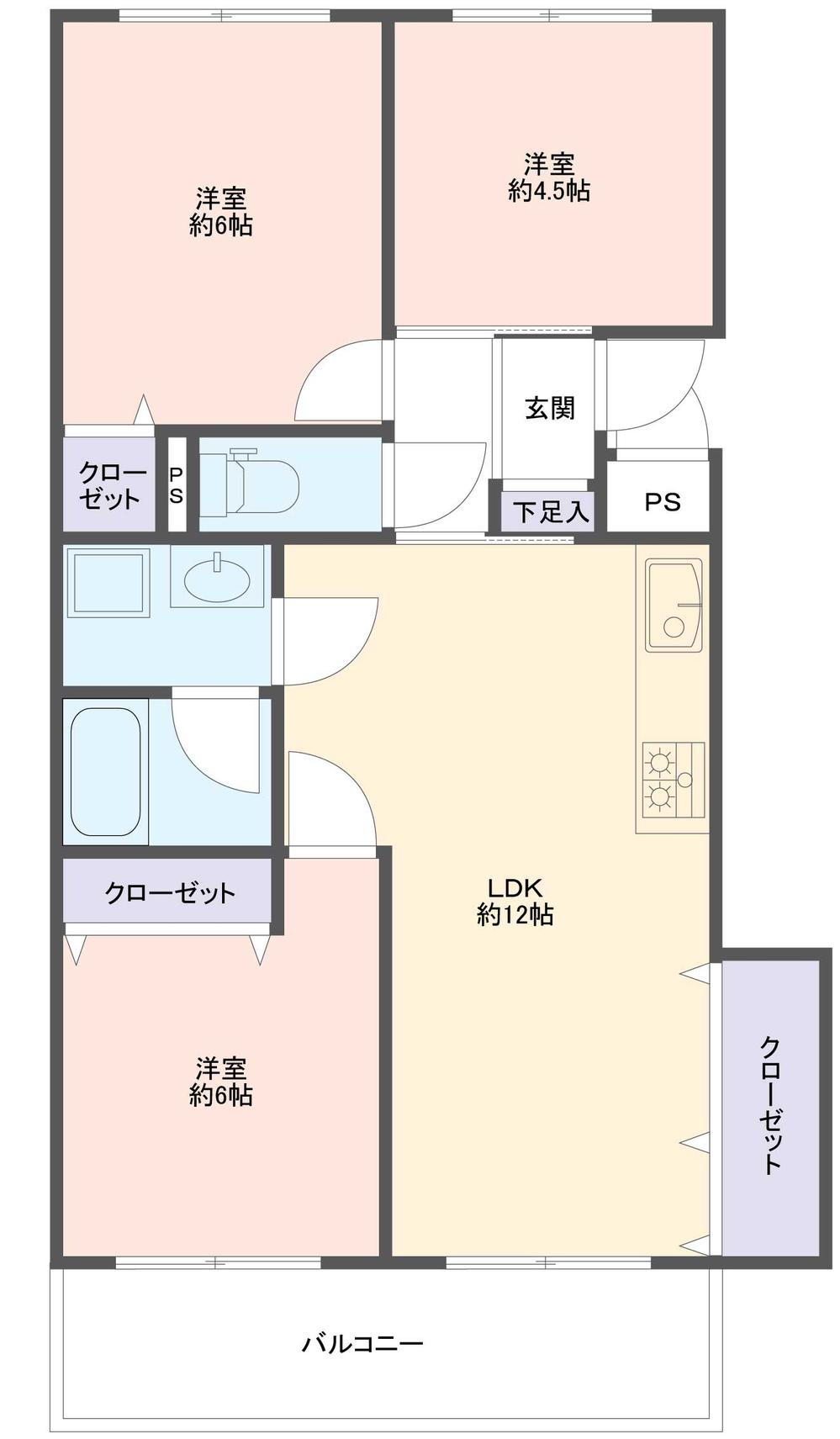 Floor plan. 3LDK, Price 8.35 million yen, Occupied area 58.56 sq m , Balcony area 7.68 sq m