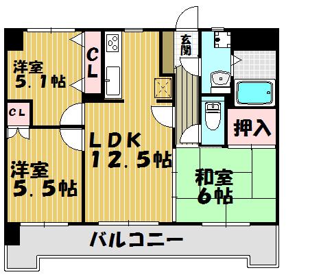 Floor plan. 3LDK, Price 12.8 million yen, Occupied area 53.75 sq m , Balcony area 13.02 sq m