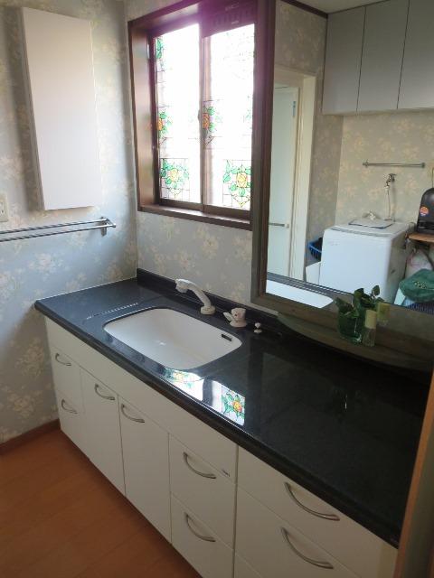 Wash basin, toilet. Spacious vanity with cleanliness