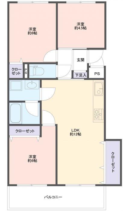 Floor plan. 3LDK, Price 8.35 million yen, Occupied area 58.86 sq m , Balcony area 7.68 sq m