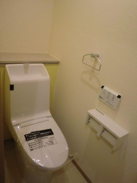 Toilet. Indoor (September 2013) under the photography simple design and cleaning Ease-integrated shower toilet counter has become the storage. Natural mineral diatomaceous earth wall, which is also the deodorizing effect