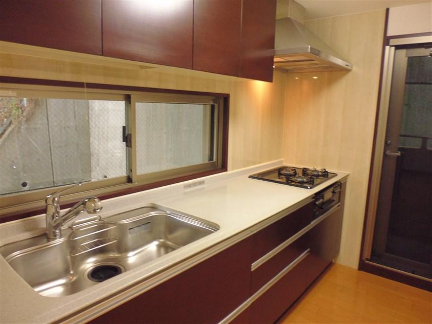 Kitchen. System kitchen with a back door