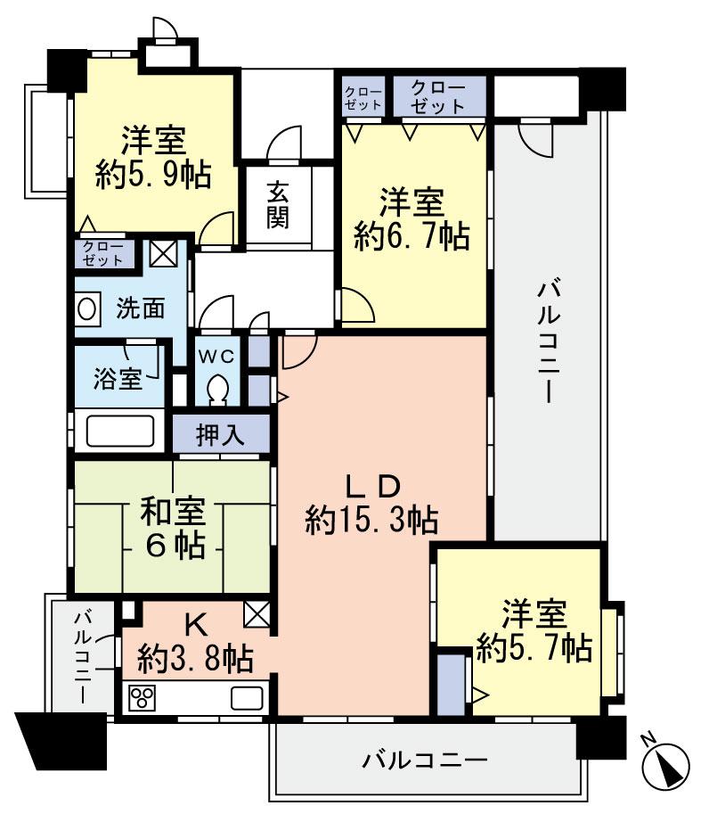 Floor plan. 4LDK, Price 32,800,000 yen, Occupied area 94.85 sq m , Balcony area 26.17 sq m three-sided balcony