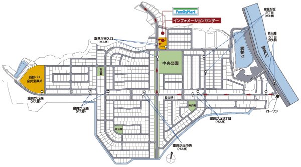 The entire compartment Figure. The entire compartment Figure / <Vel season Muromi Hill> is the large housing complex "Muromi hill" in. Bus stop of seven plants in the park, There is a convenience store