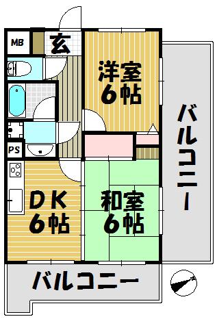 Floor plan. 2DK, Price 10.4 million yen, Occupied area 45.36 sq m , Balcony area 8.14 sq m