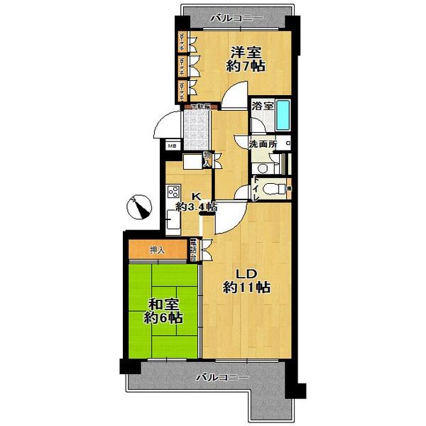 Floor plan. 2LDK, Price 17.8 million yen, Occupied area 63.05 sq m , Balcony area 17.14 sq m