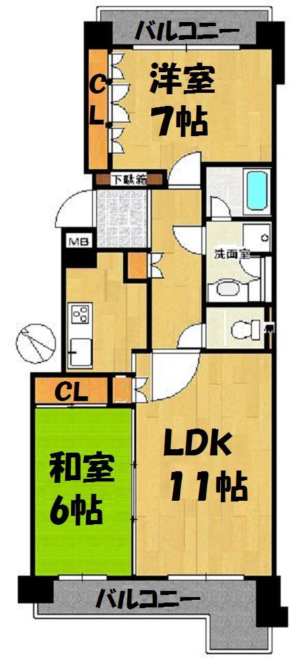 Floor plan. 2LDK, Price 18,800,000 yen, Occupied area 63.05 sq m , Balcony area 17.14 sq m