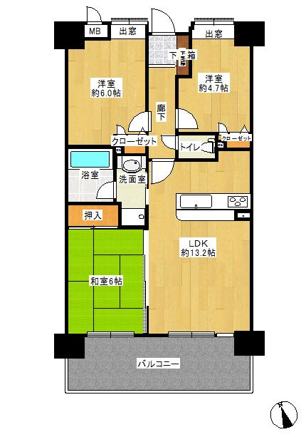 Floor plan. 3LDK, Price 19,800,000 yen, Footprint 64.1 sq m , Balcony area 12.06 sq m south-facing, Good hit Yang