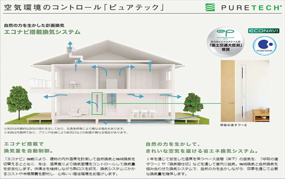 Cooling and heating ・ Air conditioning. "The quality of the air in the house, Influence the health and comfort of there in a class family. "PanaHome from such a thought is, It has continued to stick to the quality of the air. And it was born of the, Original air control technology "Pure Tech". While taking advantage of the power of nature, And "ventilation" and "humidity" well-balanced plan to control. It meets the house in clean air, To achieve a healthy and comfortable living and energy saving.