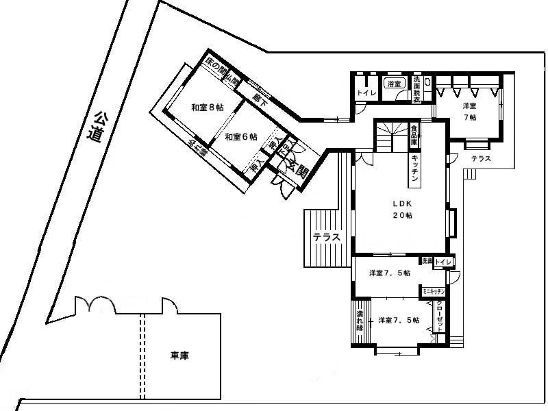 Floor plan. 38,500,000 yen, 7LDKK, Land area 845.58 sq m , Building area 194.02 sq m front on public roads (south) and 1F floor plan layout drawing