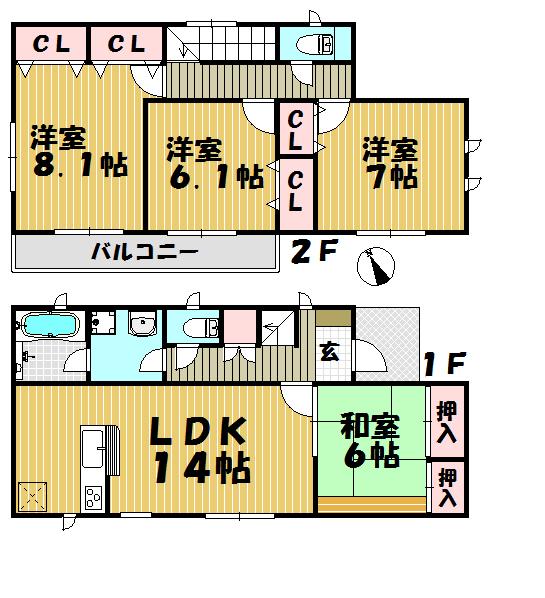 Floor plan. (1 Building), Price 36,800,000 yen, 4LDK, Land area 121.66 sq m , Building area 97.2 sq m