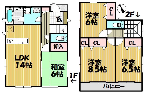 Floor plan. (Building 2), Price 33,800,000 yen, 4LDK, Land area 124.74 sq m , Building area 96.39 sq m