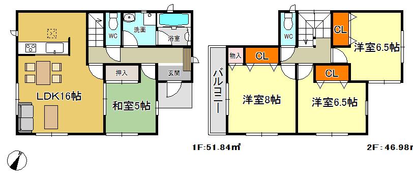 Floor plan. 28.8 million yen, 4LDK, Land area 175.81 sq m , Building area 98.82 sq m   □ Zenshitsuminami direction □ Face-to-face kitchen □ Building 2 □ Land area 53 square meters □ Parking 2 cars