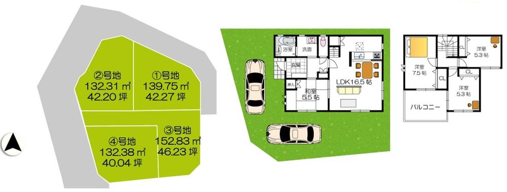 Compartment view + building plan example. Building plan example (No. 4 place) 4LDK, Land price 24,199,000 yen, Land area 132.38 sq m , Building price 11,781,000 yen, Building area 92.73 sq m