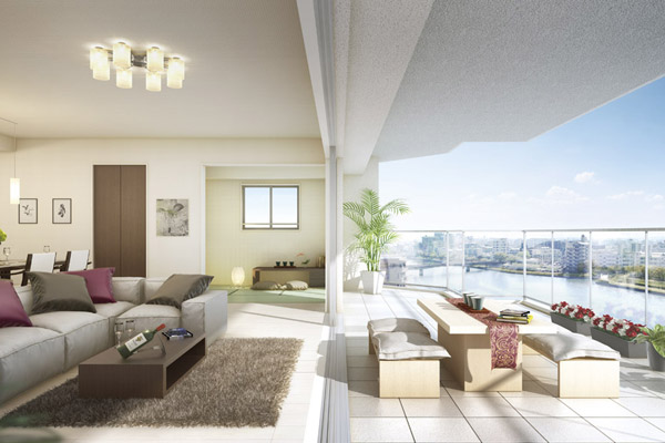 Room and equipment. Adopt the Sky Walk balcony that can be used as outdoor living in conjunction from the living room. Not only increase the sense of openness, Taking advantage of the location facing the riverside, Propose a life style to enjoy the scenery. Except (D type. March 2013 to F type Rendering, Those obtained by combining the pictures taken from the local 8th floor equivalent, In fact a slightly different)