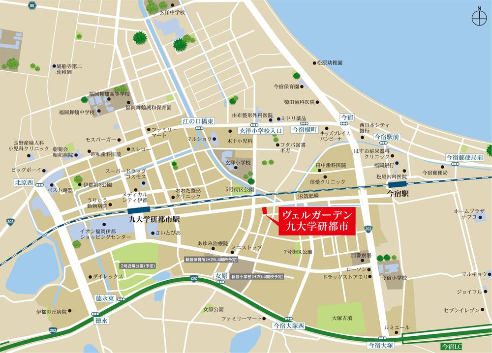 Local guide map. Good location of an 8-minute walk from Kyushu University Science City Station. A 10-minute walk school within, It has shopping facilities complete