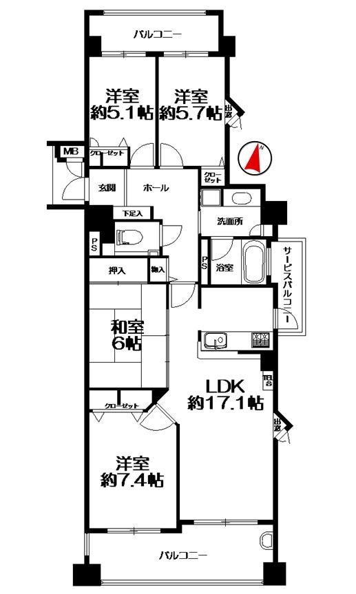 Floor plan. 4LDK, Price 22.5 million yen, Occupied area 93.59 sq m , Balcony area 17.78 sq m