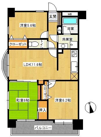 Floor plan. 3LDK, Price 16,900,000 yen, Occupied area 64.64 sq m , Balcony area 10.07 sq m