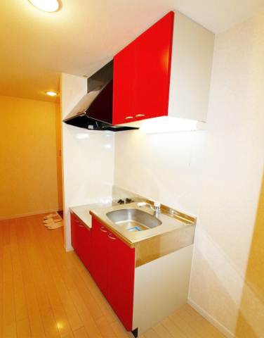 Kitchen. Red lovely kitchen! Two-burner stove bring