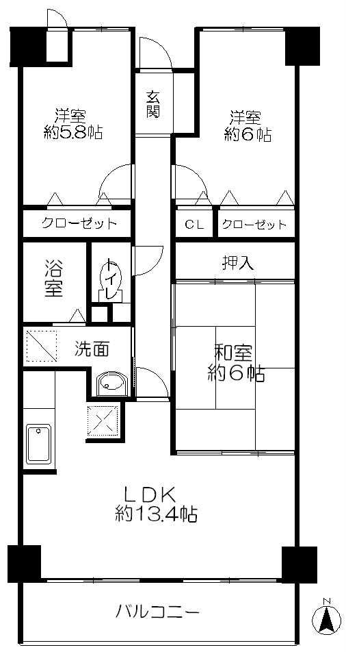 Floor plan. 3LDK, Price 12.8 million yen, Occupied area 69.05 sq m , Balcony area 9.15 sq m