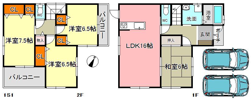 Floor plan. 23.8 million yen, 4LDK, Land area 200.45 sq m , Building area 98.82 sq m 2 Building 4LDK Parking 2 cars Ken'nobe area: 98.82 sq m  1F with shutter shutters