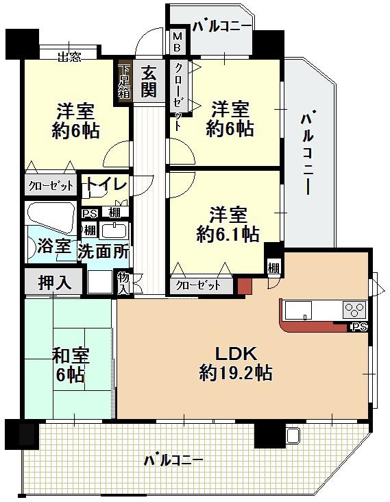 Floor plan. 4LDK, Price 23.8 million yen, Occupied area 91.88 sq m , Balcony area 29.94 sq m