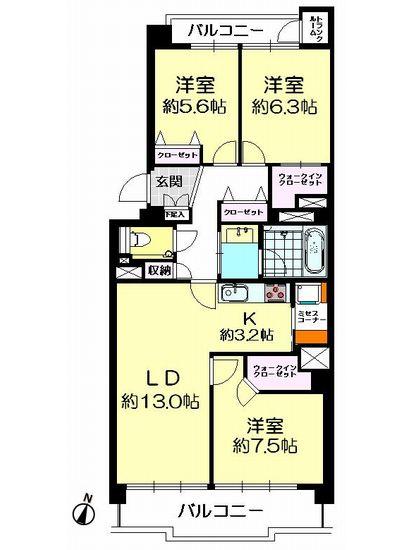Floor plan. 3LDK, Price 21,800,000 yen, Occupied area 87.52 sq m , Balcony area 13.9 sq m