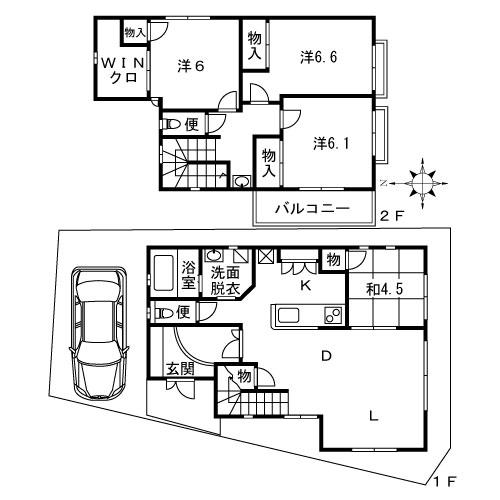 Compartment view + building plan example. Building plan example, Land price 36,800,000 yen, Land area 103.75 sq m , Building price 36,800,000 yen, Building area 107.05 sq m