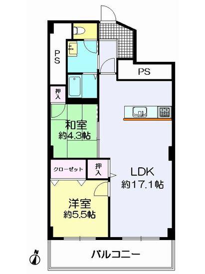 Floor plan. 2LDK, Price 12.8 million yen, Occupied area 65.09 sq m , Balcony area 8.23 ​​sq m