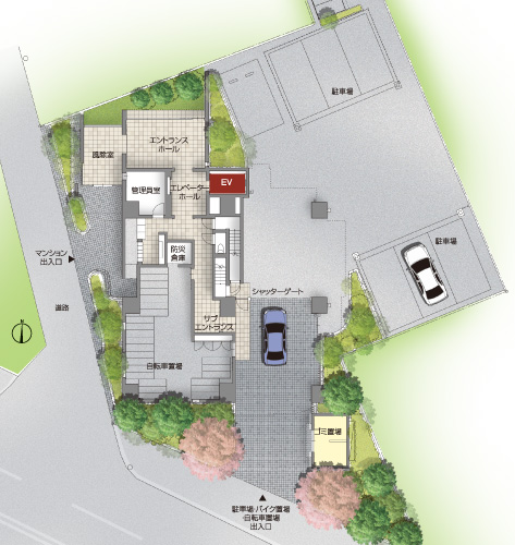 Shared facilities.  [Site layout] Some sub entrance Ya of the porte-cochere, Entrance Hall overlooking the green, Parking with a pipe shutter, Nice easy-to-use flat indoor bicycle parking, etc., It has been wrapped in a high-quality hospitality.