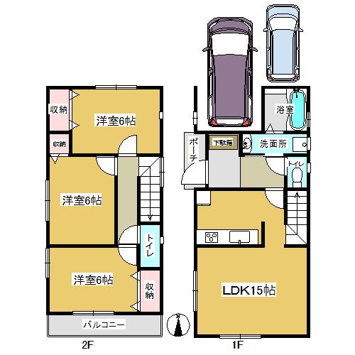 Floor plan. 26.5 million yen, 3LDK, Land area 101.81 sq m , Building area 80.94 sq m car park two possible! South-facing living room