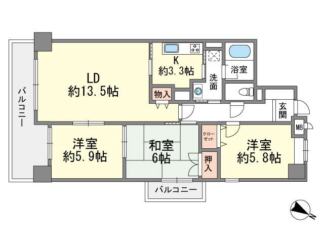 Floor plan. 3LDK, Price 22,800,000 yen, Footprint 75.7 sq m , Balcony area 12.44 sq m