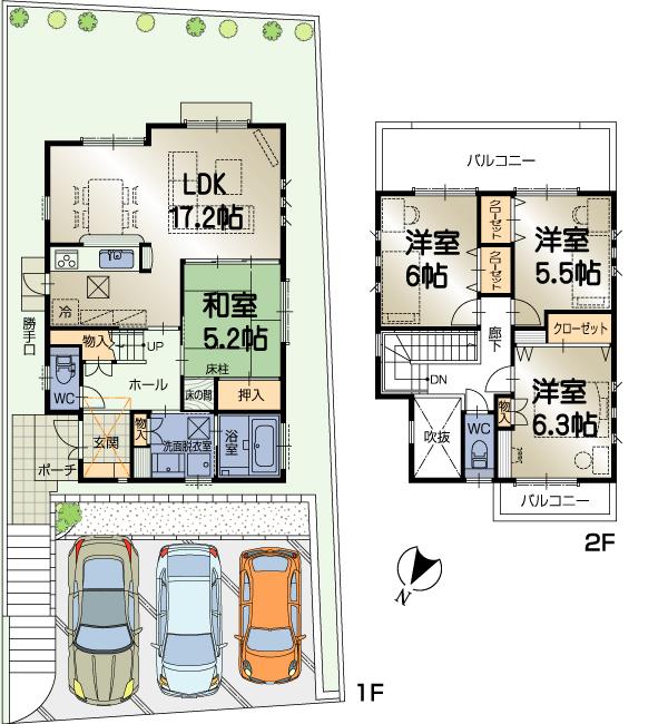 Compartment view + building plan example. Building plan example, Land price 19.5 million yen, Land area 169.3 sq m , Building price 15.5 million yen, Building area 102.05 sq m building plan example (A No. land), Building area 102.05 sq m , Price 15 million yen