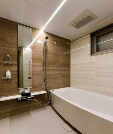 Bathing-wash room.  [Bathroom] Stylish bathroom, such as the adoption faucet of flat line LED lighting and easy-to-use and sharp design.