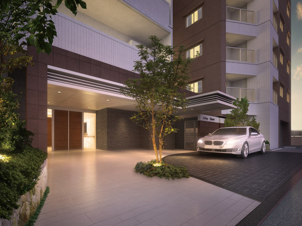 Buildings and facilities. The entrance approach, We nestled the driveway with a canopy. The driveway oozes luxury, Convenient canopy to the loading and unloading of luggage on a rainy day. Elegant facility in harmony in a quiet residential area. (Rendering)