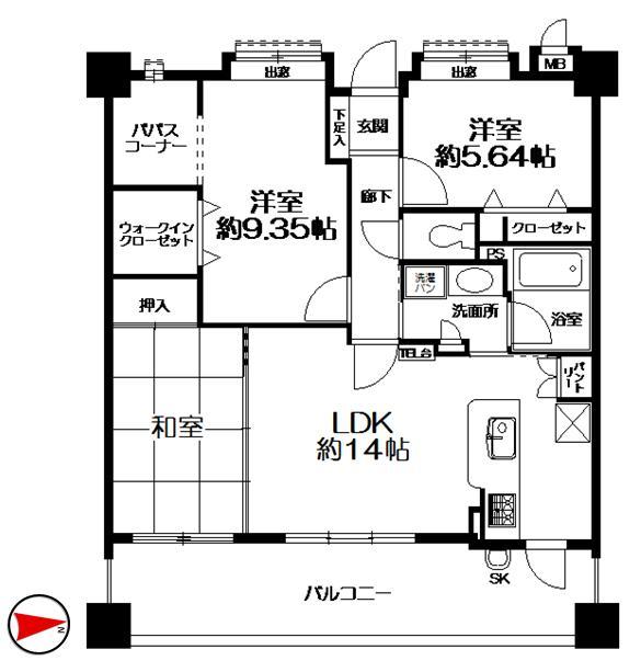 Floor plan. 3LDK, Price 21,800,000 yen, Occupied area 75.48 sq m , Balcony area 16.96 sq m