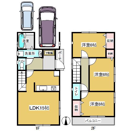Floor plan. 26.5 million yen, 3LDK, Land area 102.36 sq m , Building area 80.94 sq m car park two possible! South-facing living room
