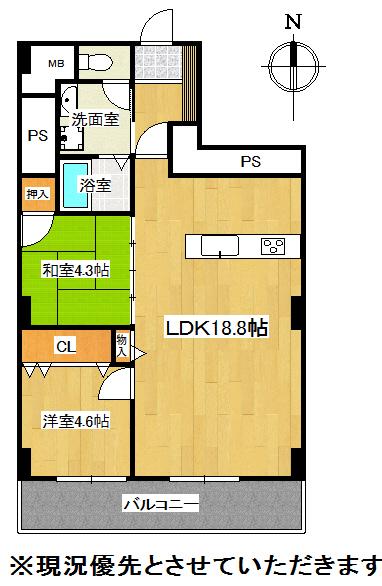 Floor plan. 2LDK, Price 12.8 million yen, Occupied area 65.09 sq m , Balcony area 8.23 ​​sq m